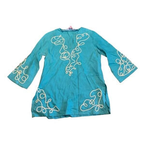 Lilly Pulitzer Turquoise Blue Linen Tunic Top With Applique Embroidery